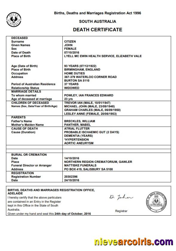 Editable Australia South Australia Death Certificate Template In Word Format