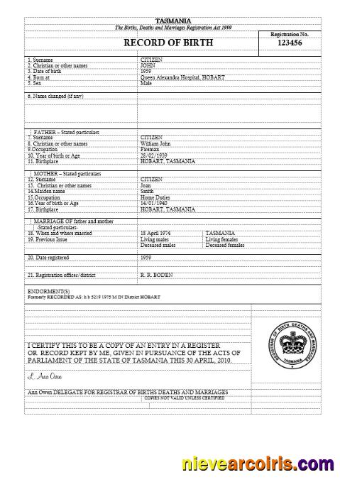 Professional Australia Tasmania Birth Certificate Template In Word Format