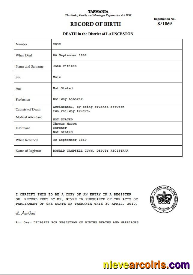 Professional Australia Tasmania Death Certificate Template In Word