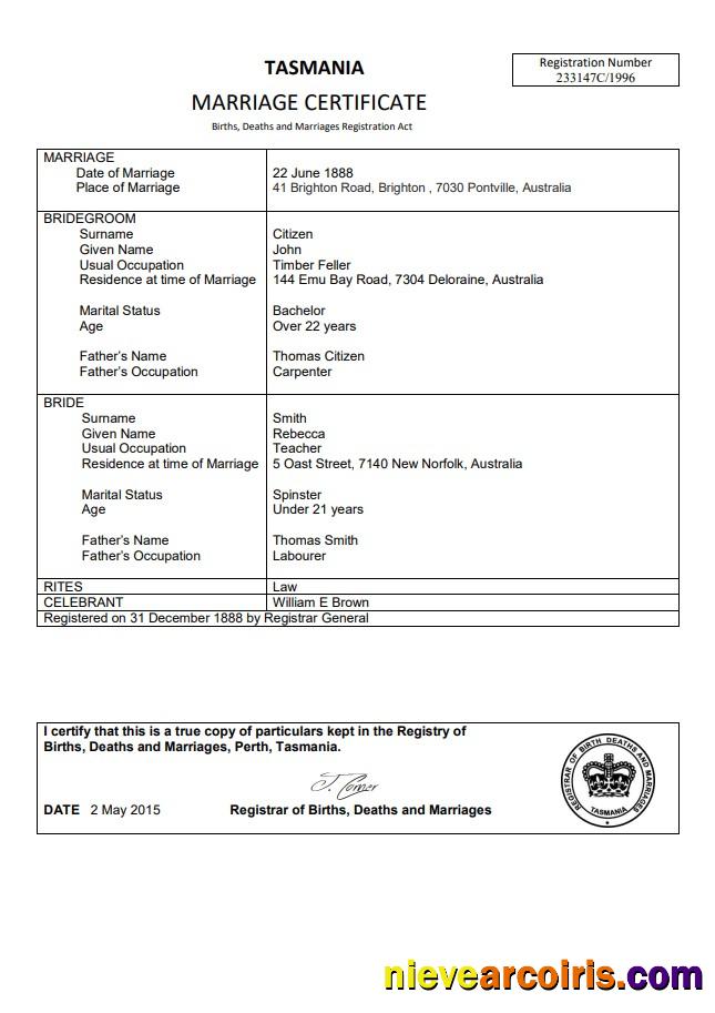 Realistic Australia Tasmania Marriage Certificate Template In Word