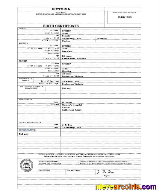 Editable Australia Victoria Birth Certificate Template In Word Format, Version 1