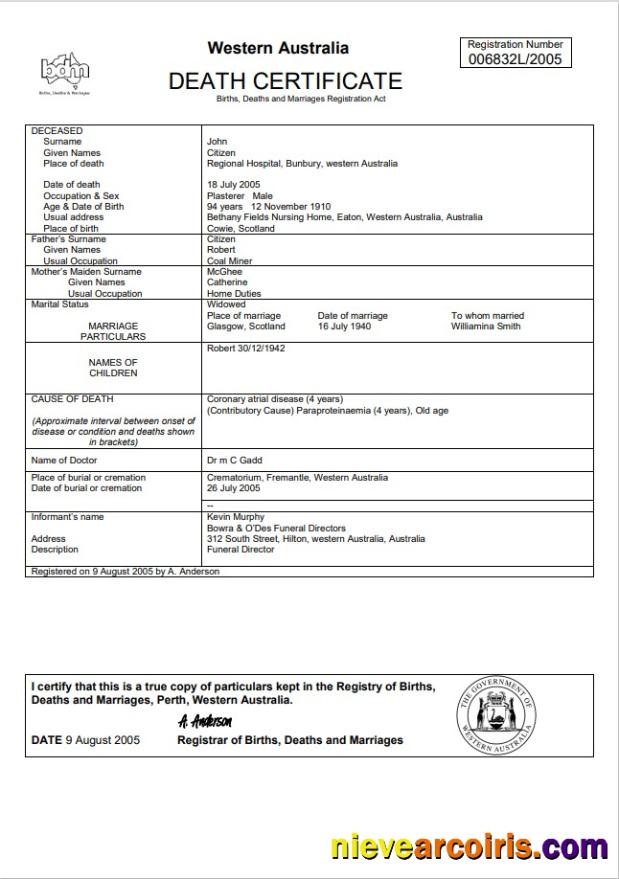 Editable Australia Western Australia Death Certificate Template In Word