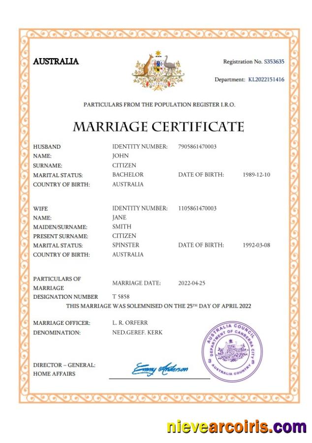 Premium Australia Marriage Certificate Word And PDF Template