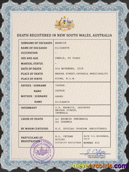 Premium Australia Vital Record Death Certificate PSD Template