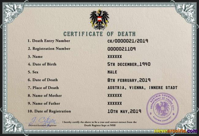 Premium Austria Death Certificate PSD Template,