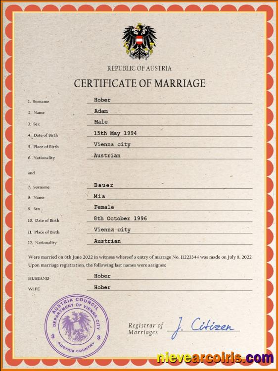 Editable Austria Marriage Certificate PSD Template,