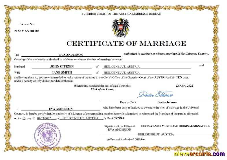 Premium Austria Marriage Certificate Word And PDF Template,