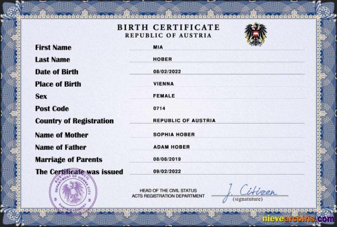 Realistic Austria Vital Record Birth Certificate PSD Template,