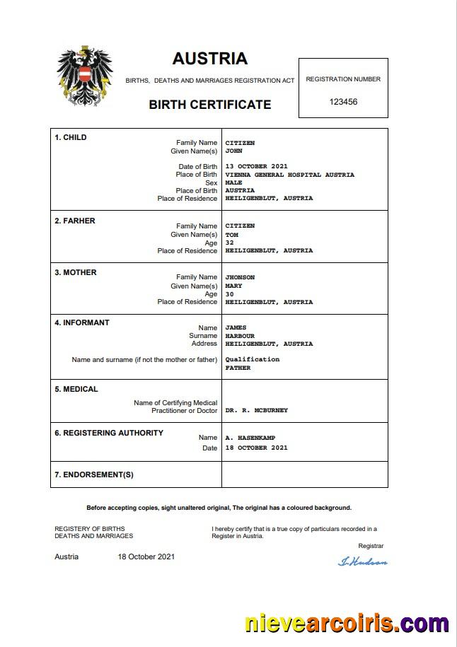 Premium Austria Vital Record Birth Certificate Word And PDF Template