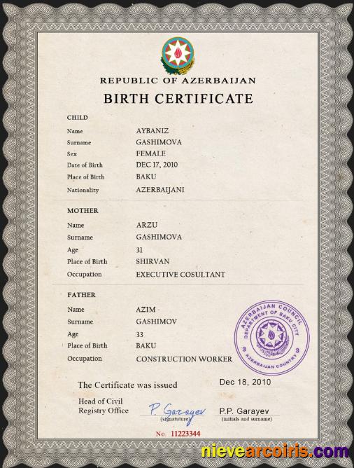 Realistic Azerbaijan Birth Certificate PSD Template