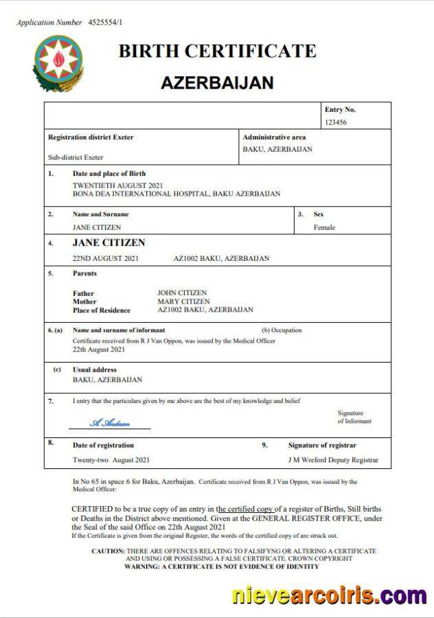 Realistic Azerbaijan Vital Record Birth Certificate Word And PDF Template