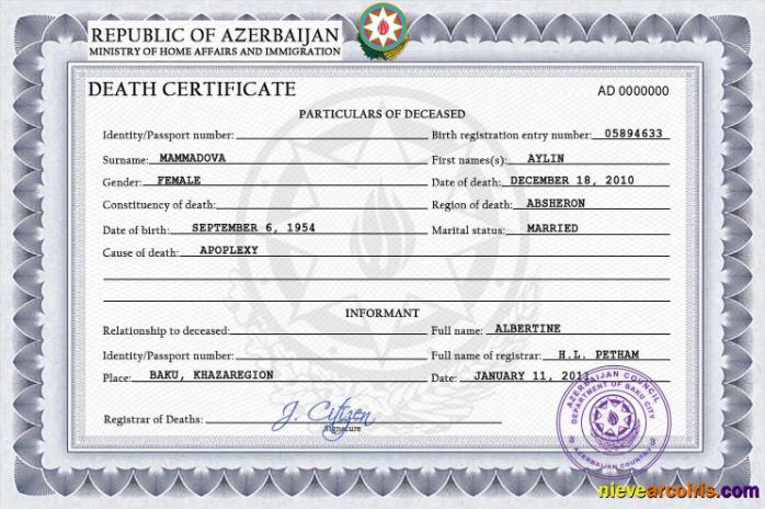 Realistic Azerbaijan Vital Record Death Certificate PSD Template