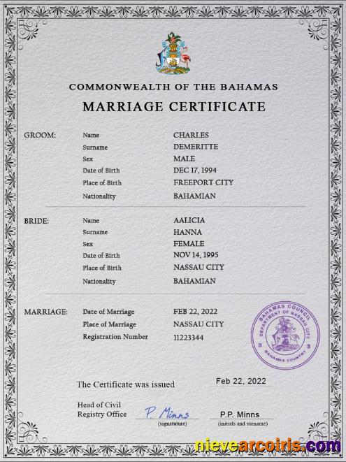 Professional Bahamas Marriage Certificate PSD Template