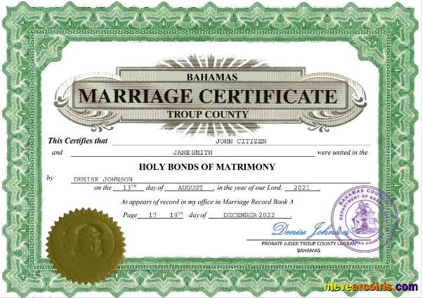 Professional Bahamas Marriage Certificate Word And PDF Template