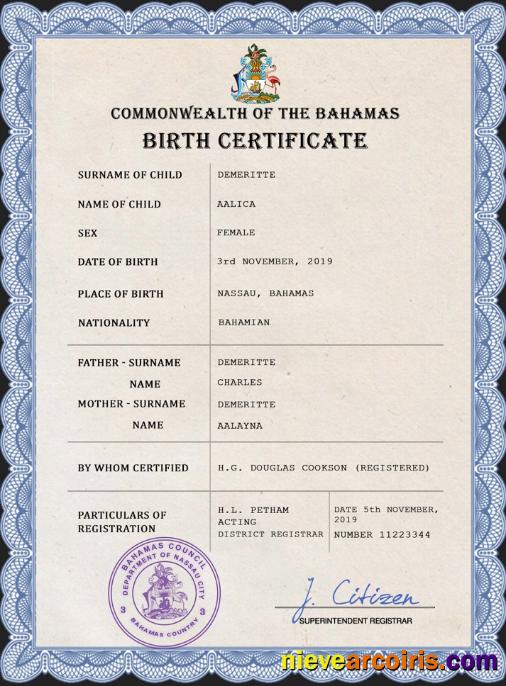 Professional Bahamas Vital Record Birth Certificate PSD Template