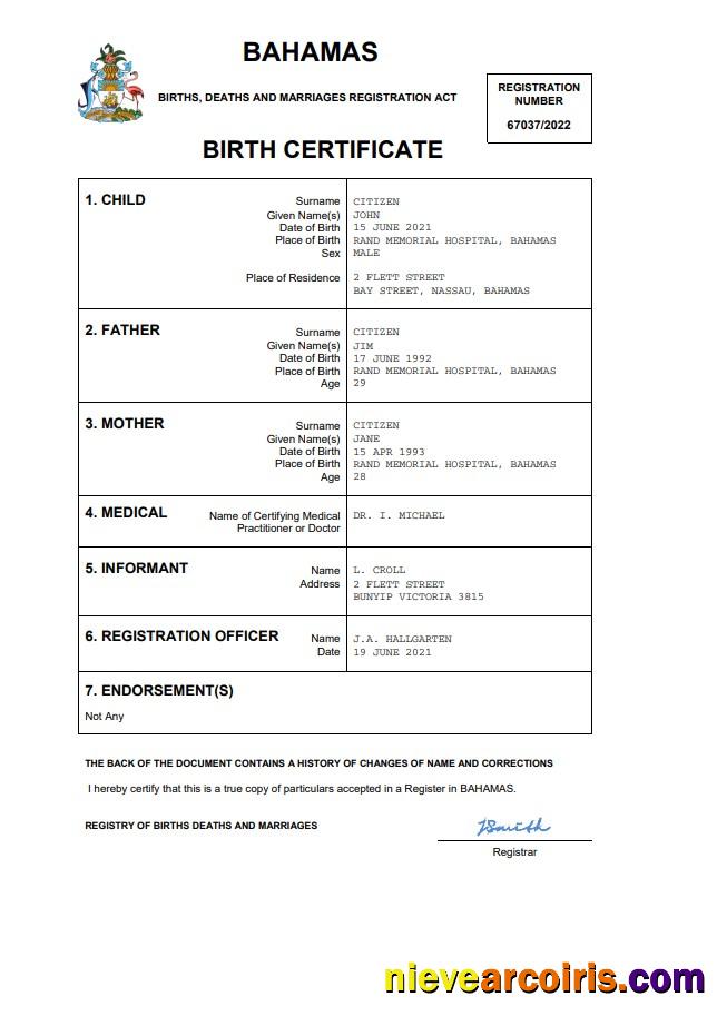 Realistic Bahamas Vital Record Birth Certificate Word And PDF Template