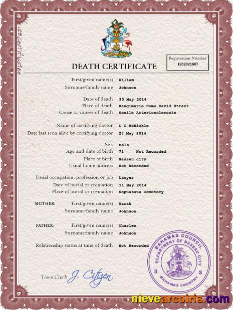 Premium Bahamas Vital Record Death Certificate PSD Template