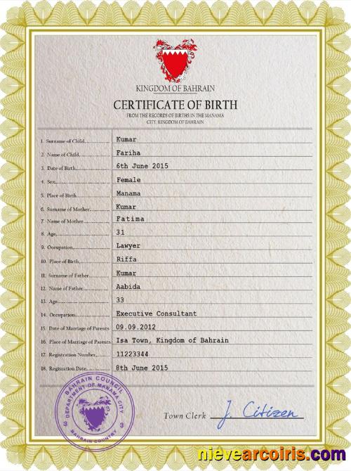 Realistic Bahrain Vital Record Birth Certificate PSD Template