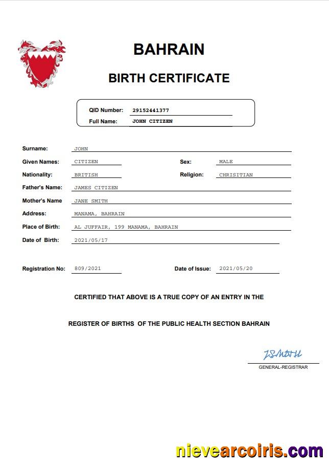Bahrain Vital Record Birth Certificate Word And PDF Photolook