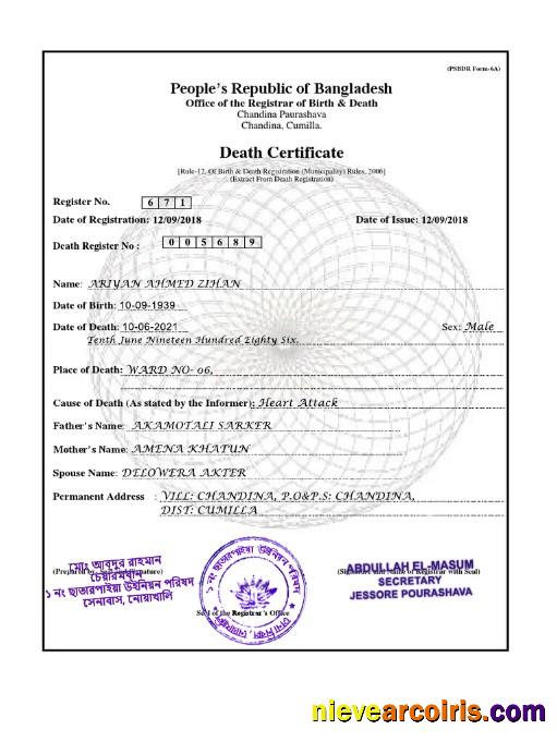 Professional Bangladesh Death Certificate Template In PSD Format,