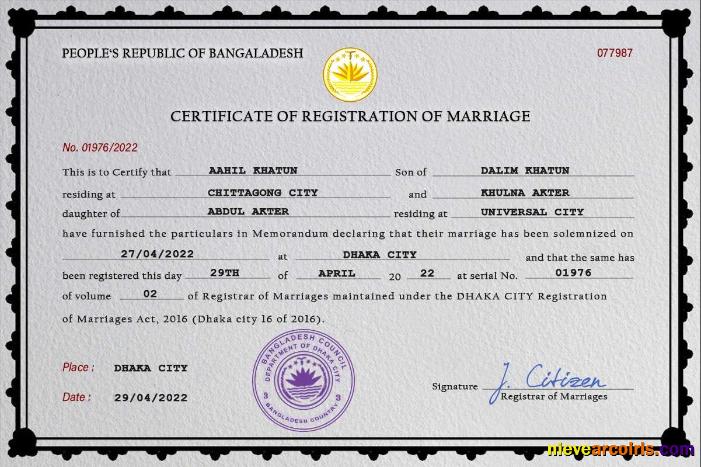 Editable Bangladesh Marriage Certificate PSD Template,