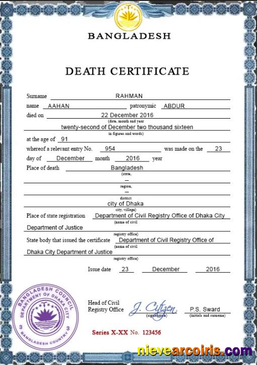 Editable Bangladesh Vital Record Death Certificate PSD Template
