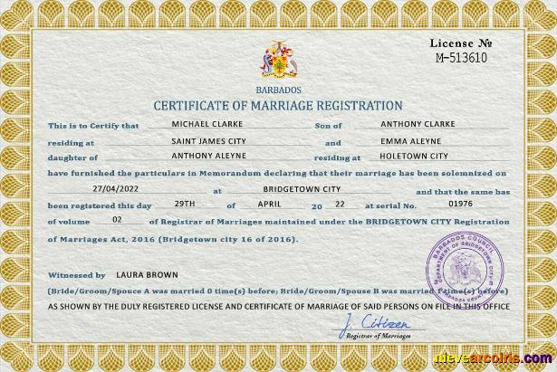 Editable Barbados Marriage Certificate PSD Template