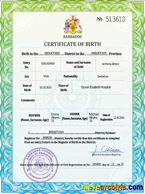 Editable Barbados Vital Record Birth Certificate PSD Template