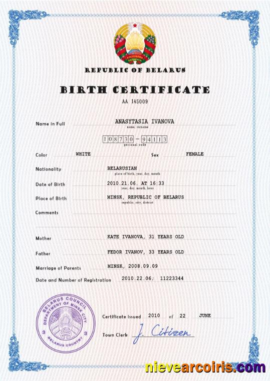 Editable Belarus Birth Certificate PSD Template
