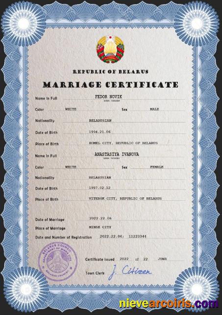 Belarus Marriage Certificate Sample