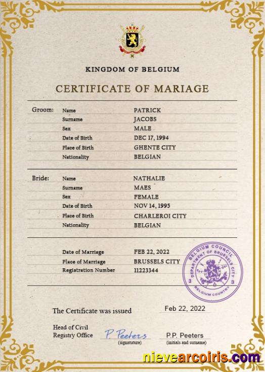Premium Belgium Marriage Certificate PSD Template