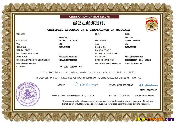 Premium Belgium Marriage Certificate Word And PDF Template