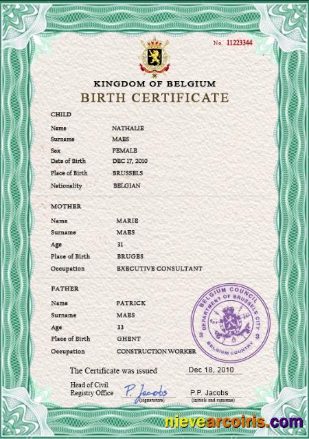 Editable Belgium Vital Record Birth Certificate PSD Template