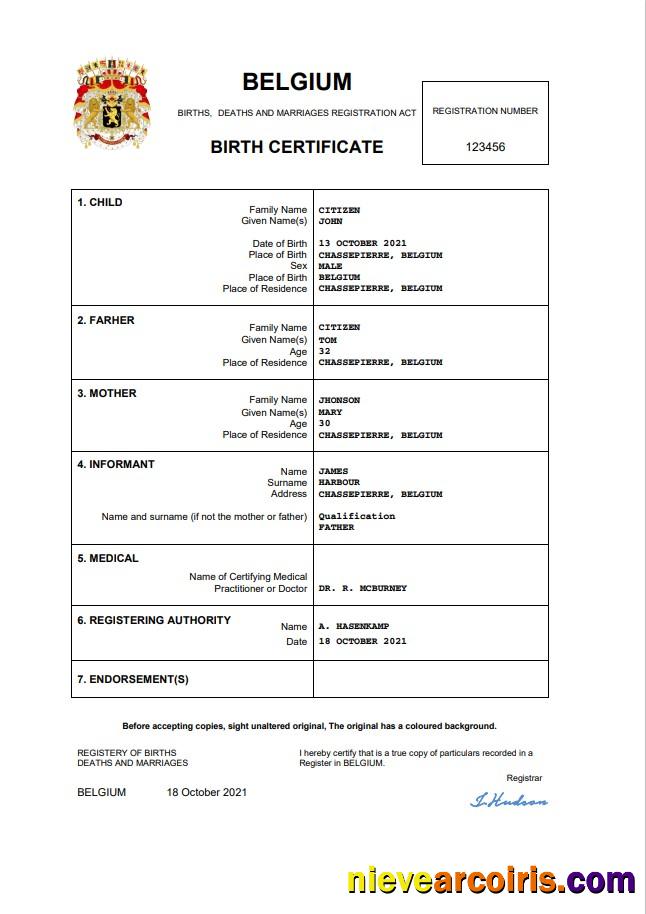 Belgium Vital Record Birth Certificate Word And PDF Sample