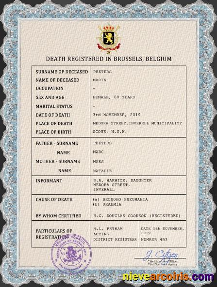 Professional Belgium Vital Record Death Certificate PSD Template