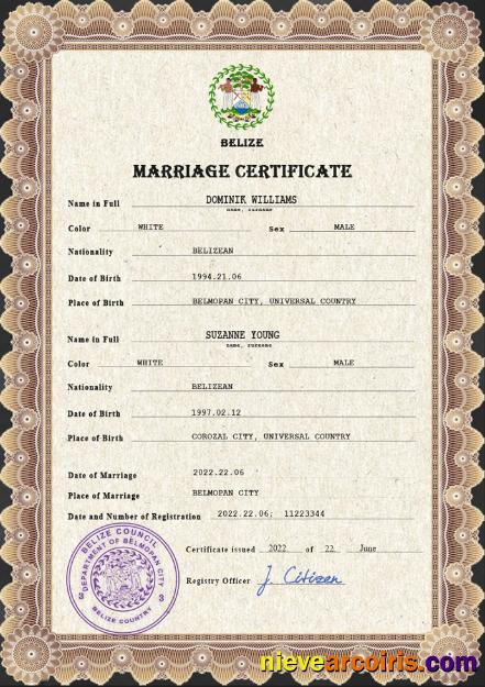 Editable Belize Marriage Certificate PSD Template