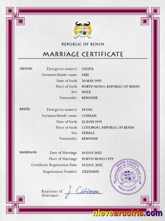 Professional Benin Marriage Certificate PSD Template