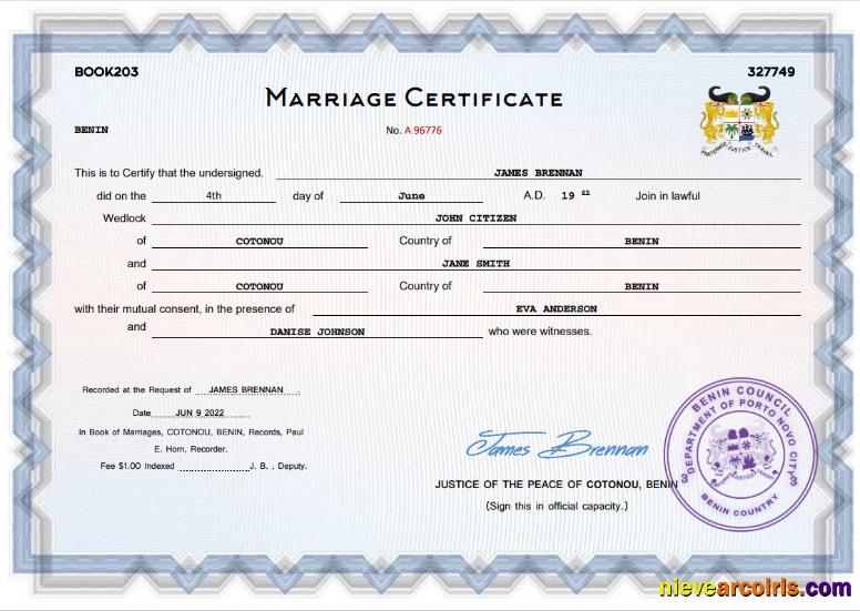 Professional Benin Marriage Certificate Word And PDF Template