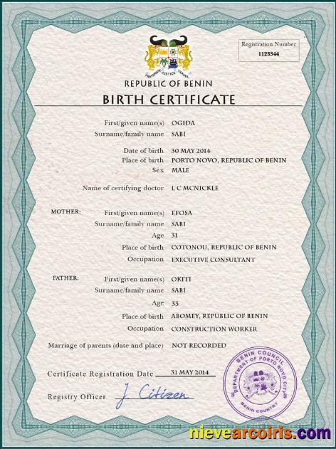 Premium Benin Vital Record Birth Certificate PSD Template