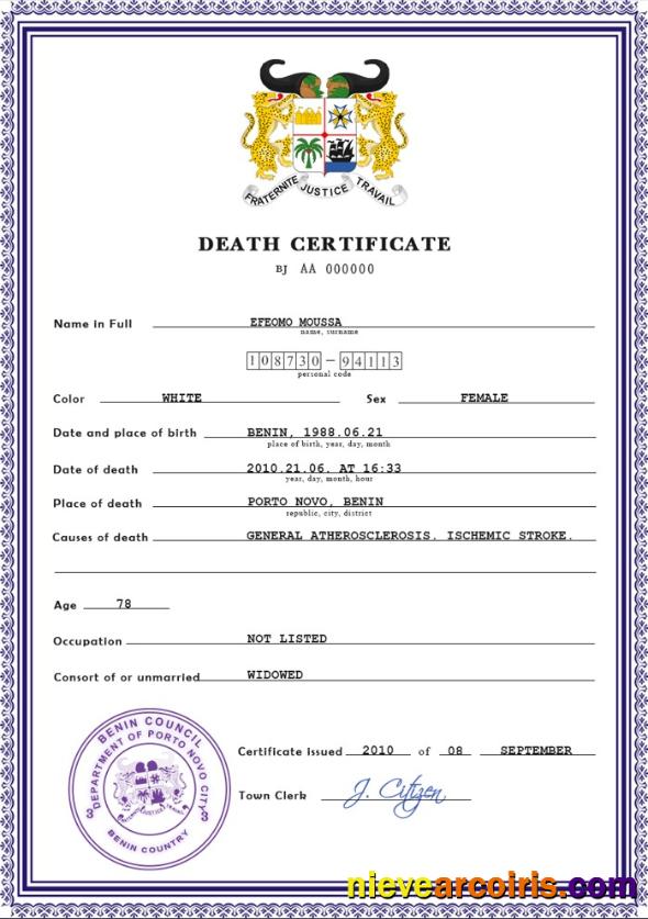 Realistic Benin Vital Record Death Certificate PSD Template