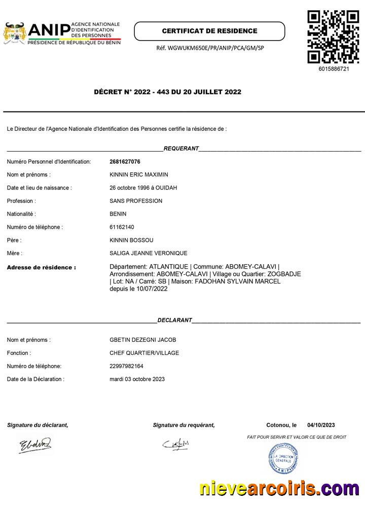 Benin ANIP Agence Nationale D'Identification Des Personnes Residence Screen Photolook