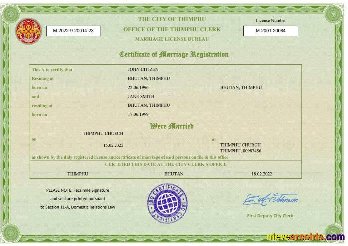 Realistic Bhutan Marriage Certificate Word And PDF Template