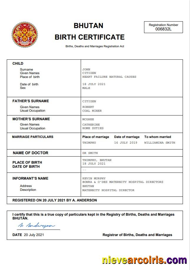 Premium Bhutan Vital Record Birth Certificate Word And PDF Template