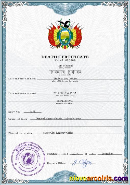 Premium Bolivia Death Certificate PSD Template
