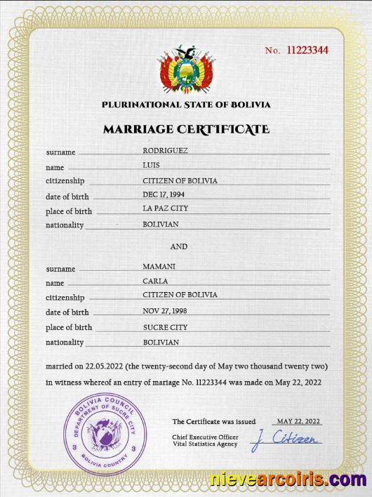 Bolivia Marriage Certificate Sample