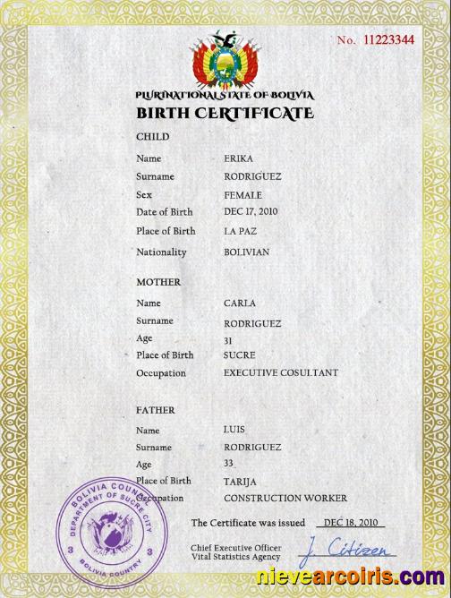 Professional Bolivia Vital Record Birth Certificate PSD Template
