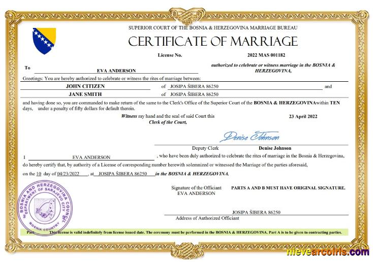 Bosnia & Herzegovina Marriage Certificate Preview