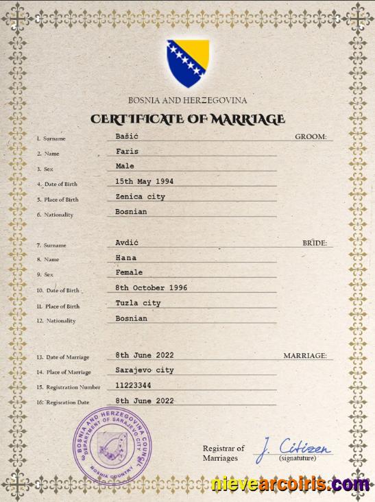 Realistic Bosnia And Herzegovina Marriage Certificate PSD Template,