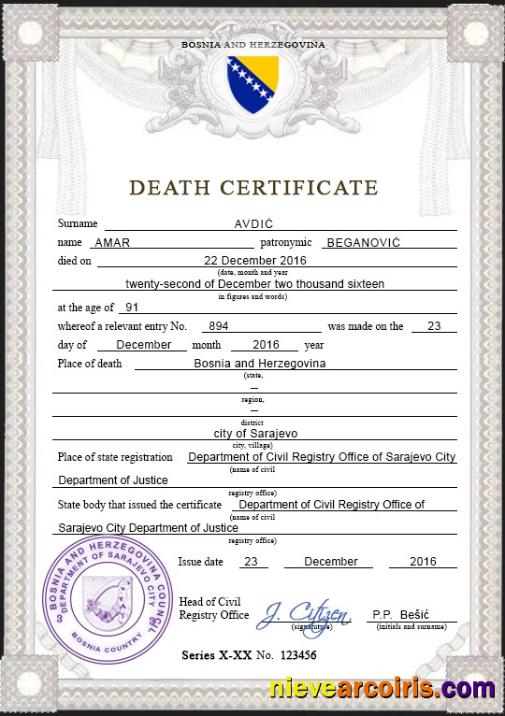 Editable Bosnia And Herzegovina Vital Record Death Certificate PSD Template