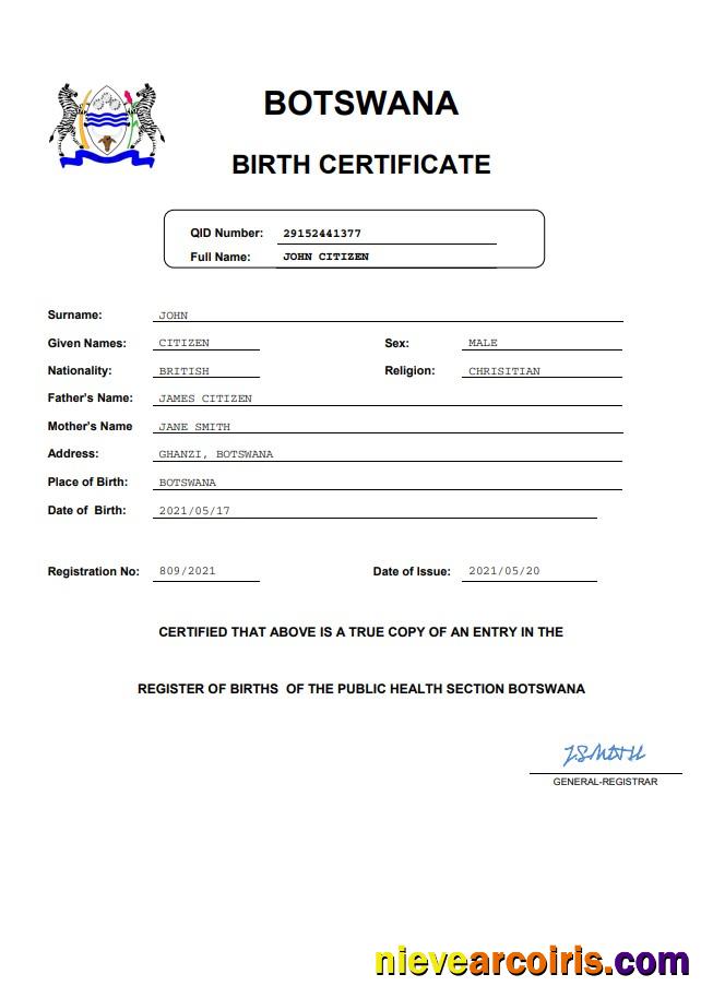Realistic Botswana Birth Certificate Word And PDF Template